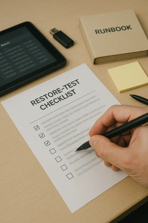 Close-up of a restore-test checklist and backup evidence on a desk with a technician marking items.