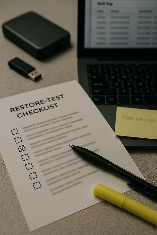 Close-up of a restore-test checklist, backup device, and a laptop with blurred audit logs used during a breach review.