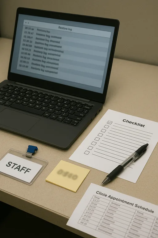 Close-up of a laptop showing a blurred restore log next to a printed checklist and pen, capturing documented evidence of a recovery test.