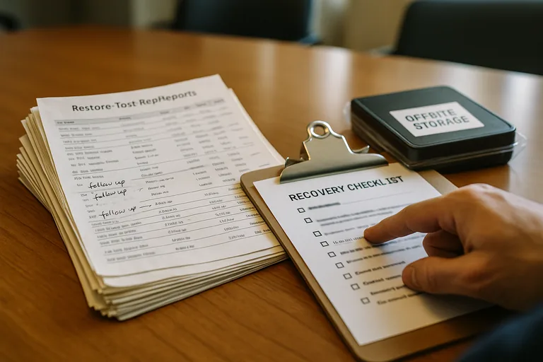 Close-up of printed restore-test reports, job logs, and a clipboard checklist with handwritten notes spread on a conference table.