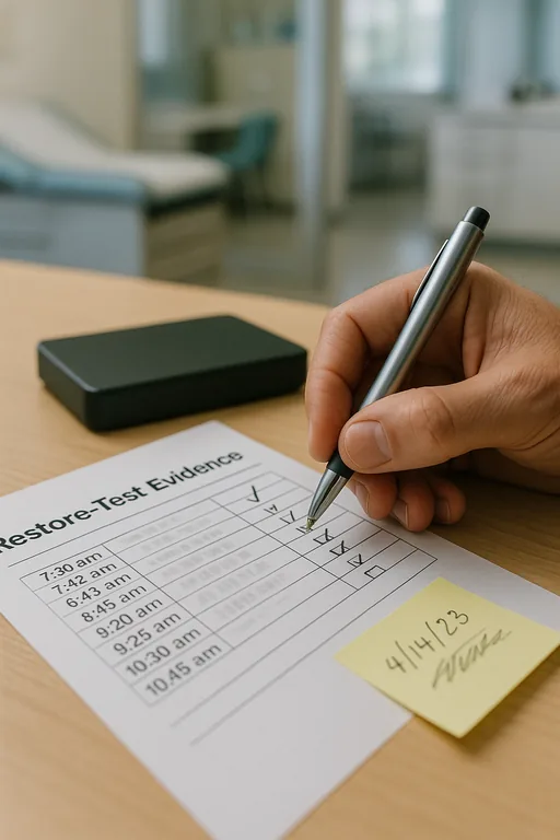 Close-up of a technician marking a printed restore-test checklist next to a backup drive as evidence of a documented recovery drill.