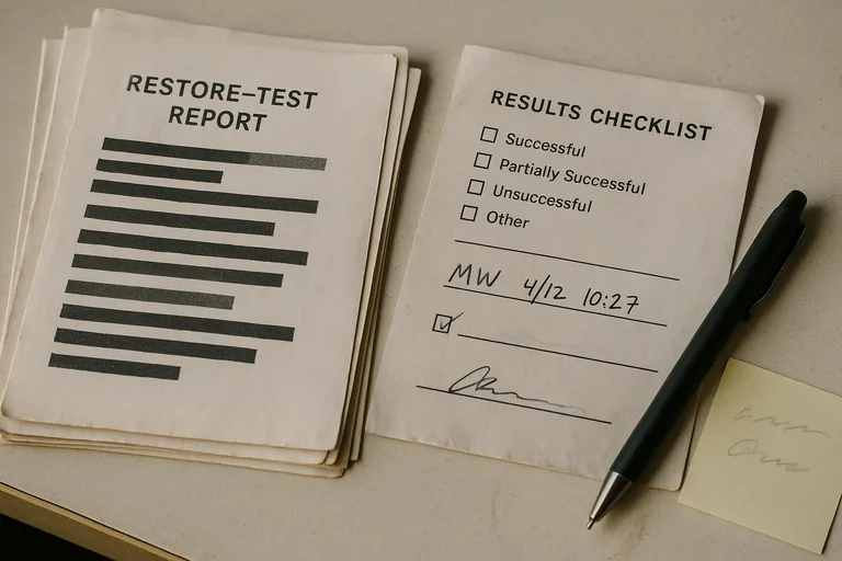 Close-up of redacted restore-test reports, a signed checklist, and a pen on a desk as documentary proof of backup testing.