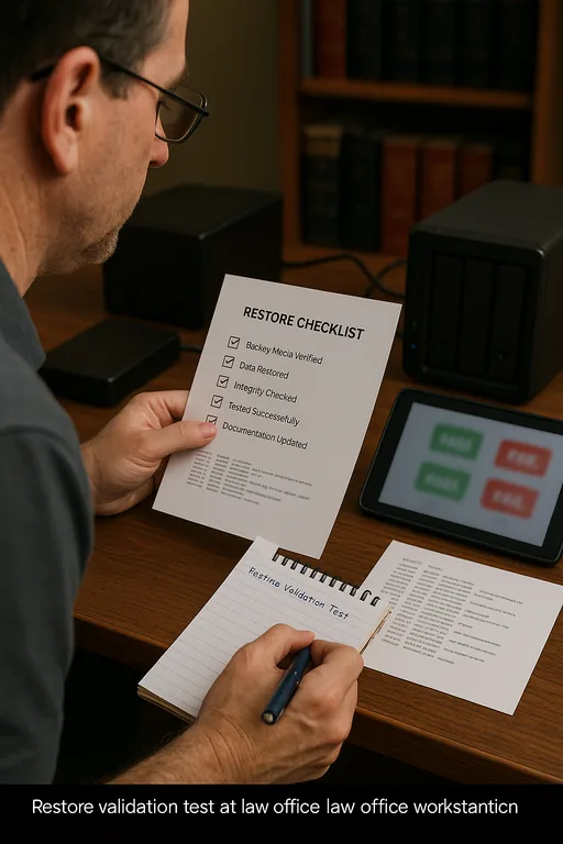 Technician running a restore test with a printed checklist, backup drives, and blurred log printouts to document validation.