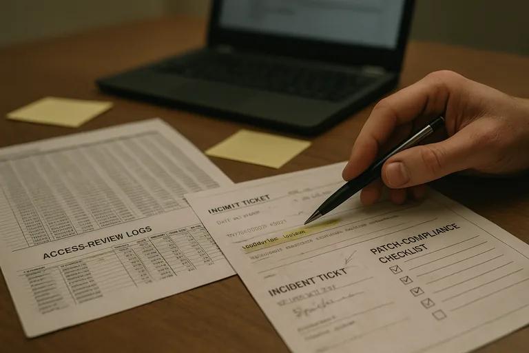 Printed access-review logs, patch-compliance checklist, and an annotated incident ticket on a table with a technician pointing at an item.