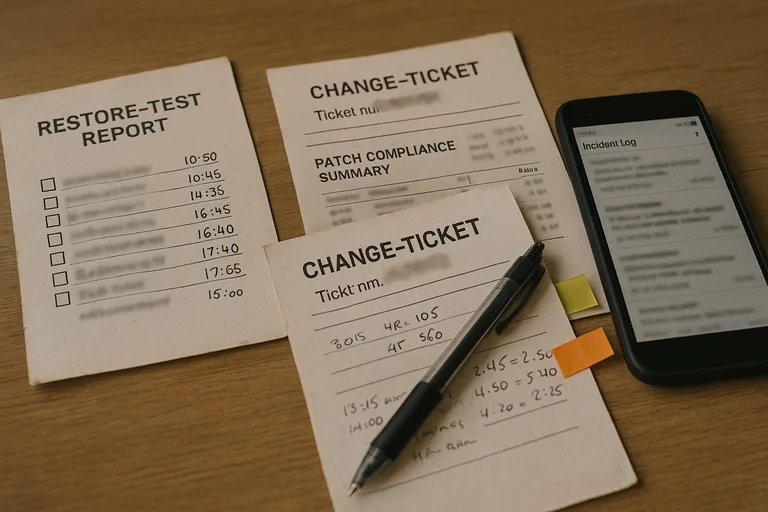Close-up of printed restore-test and patch compliance documents, change-ticket printout and handwritten notes used as verification artifacts.