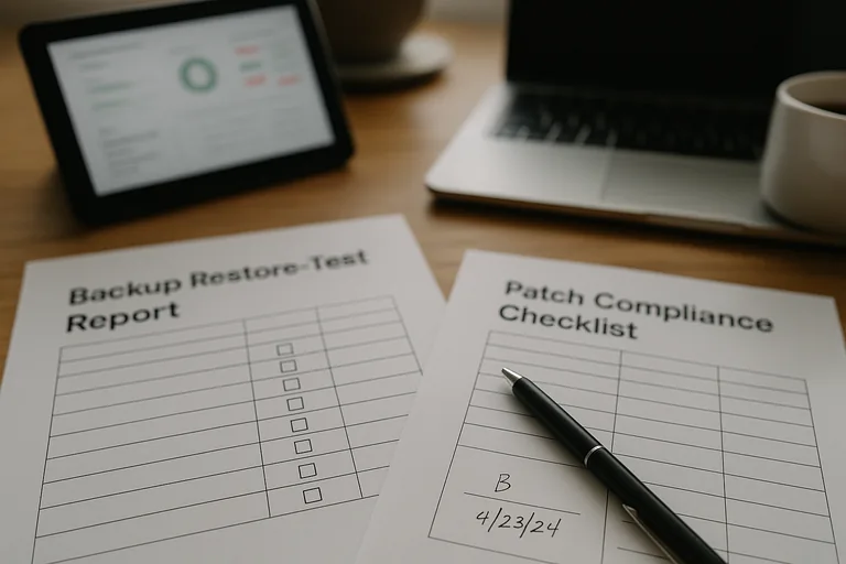 Close-up of a printed backup restore-test report and patch checklist with a pen and a blurred status dashboard on a tablet.