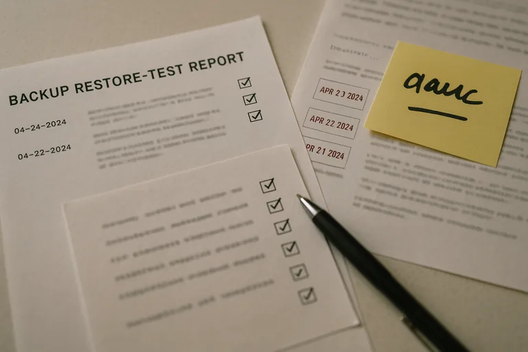 Close-up of printed restore-test records, timestamped logs, and checklists used to verify backups and recovery readiness.