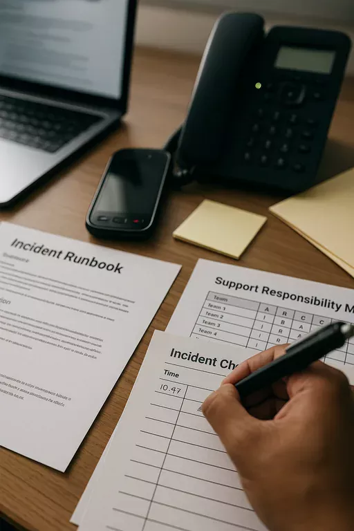 Printed runbook, support responsibility matrix, and a technician's handwritten checklist notes documenting an outage review.
