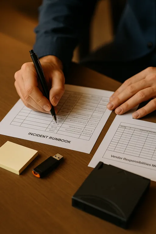 Technician marking items on a blurred incident runbook and vendor responsibility matrix with backup media nearby.