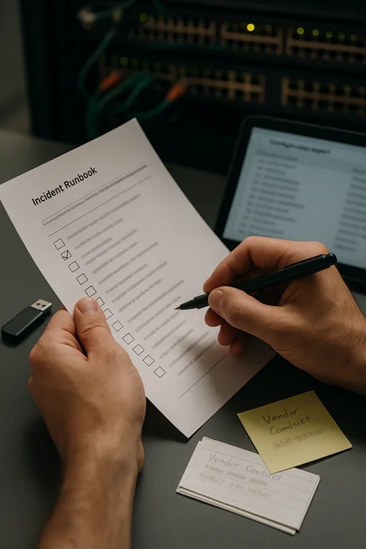 Close-up of a runbook checklist, configuration export on a tablet, and vendor contact cards used as evidence during outage response.