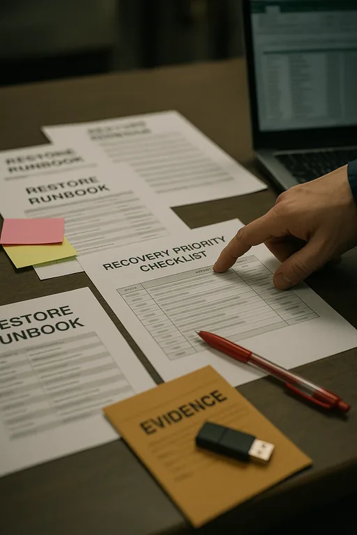 Printed restore runbook pages, sticky notes, a pen and a laptop on a conference table with a technician pointing at the checklist.