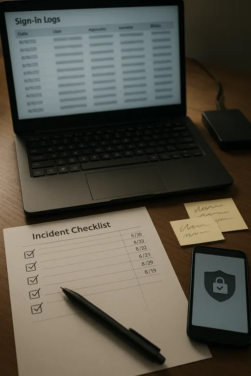 Close-up of anonymized sign-in logs on a laptop with a checked incident checklist and backup drive, representing verification steps during remediation.