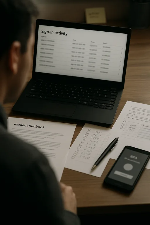 Close-up of a technician's laptop and printed checklist used to review sign-in activity and incident runbook, with screens and paper intentionally blurred.