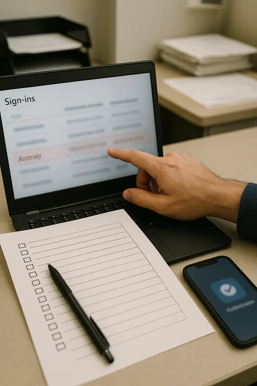 Close-up of a workstation with blurred sign-in activity on screen, a printed checklist runbook, and a technician pointing while reviewing logs.