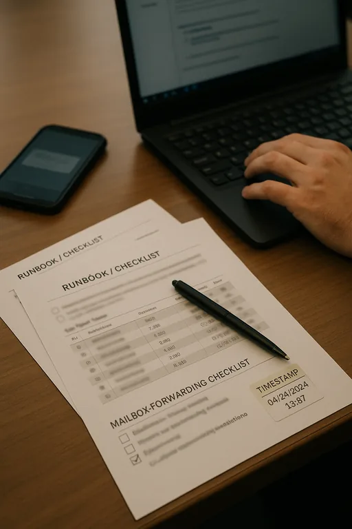 Close-up of a runbook packet, blurred sign-in printouts, and a pen on a conference table during a mailbox and session audit.