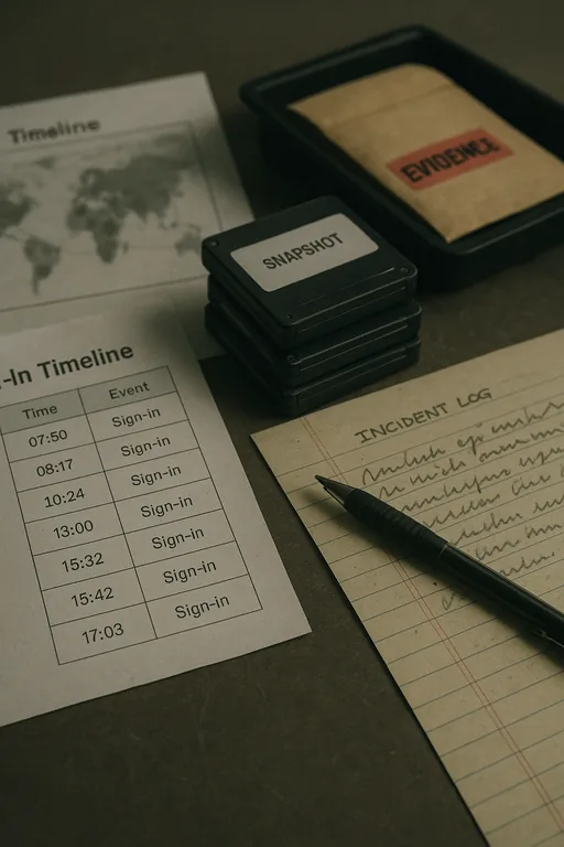Close-up of an incident response desk showing blurred sign-in timeline printouts, a handwritten incident log, and backup media.