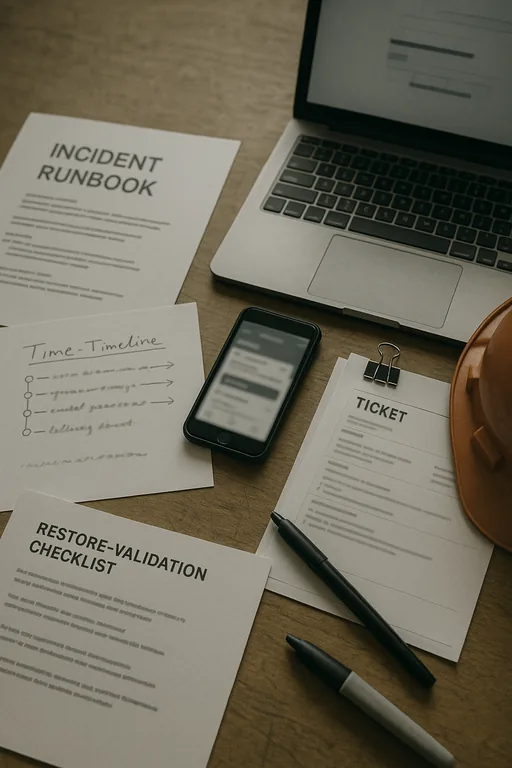 Desk with incident runbook, restore checklist, and blurred ticket and sign-in artifacts showing remediation evidence and backlog.