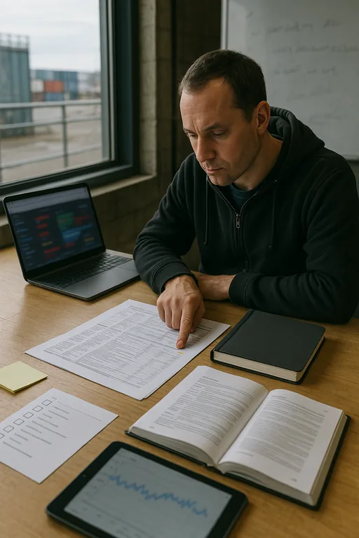 IT consultant at a warehouse desk examining printed ticket logs, a laptop with a blurred dashboard, and a runbook to identify repeat issues.