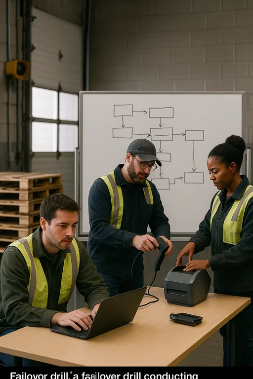 Team performing a failover drill in a warehouse office with a whiteboard workflow and staff testing scanners, printers, and remapped drives.