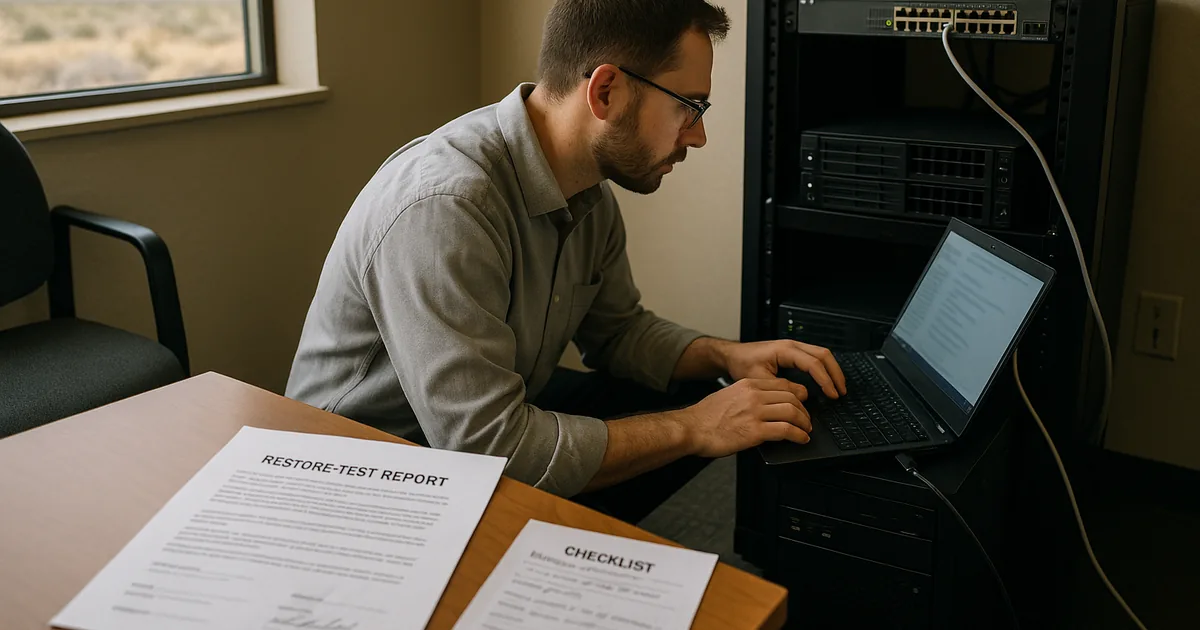 IT consultant beside a small server rack and backup appliance reviewing a printed restore-test report in a Fallon small-business office.