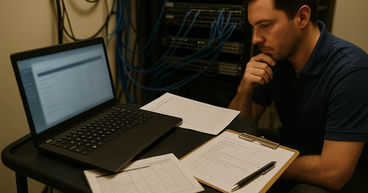 Technician reviewing a laptop and printed runbook next to network switches in a small business equipment closet.