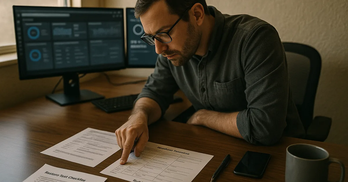 Cybersecurity consultant in an office pointing at a printed incident timeline on a desk with blurred security dashboards on monitors behind them.