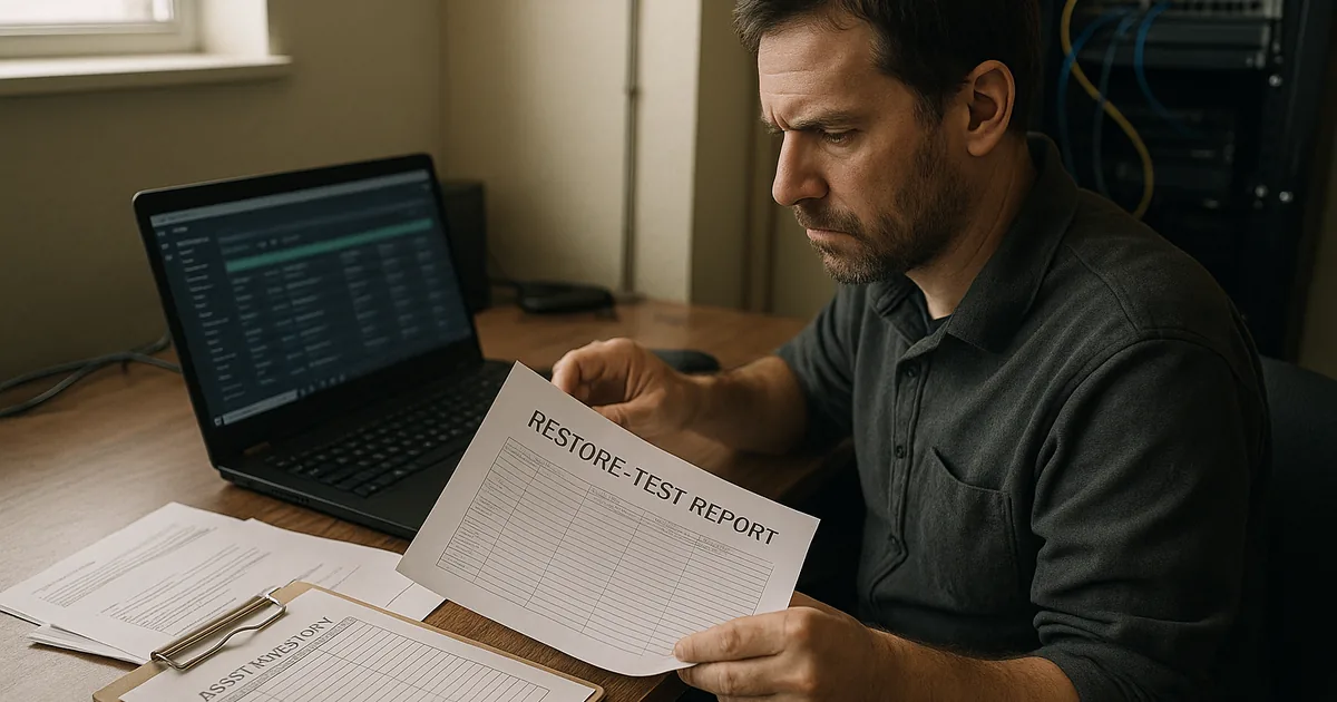 IT technician at a desk reviewing a printed restore-test report and asset inventory with a blurred monitoring screen and a server closet visible in the background.