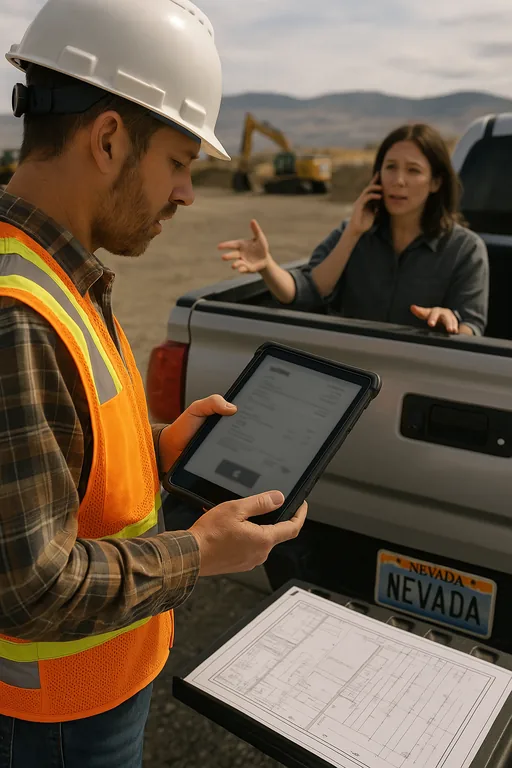 Field supervisor at a job site checking an invoice on a tablet while coordinating with office staff, with a Nevada plate pickup and project plans nearby.