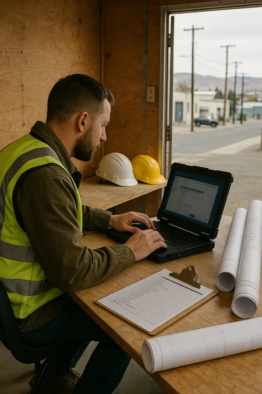 IT technician in a construction site trailer configuring a laptop with site plans and hard hats nearby, showing field identity or endpoint work.