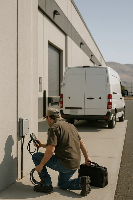 A technician from Reno walking toward a warehouse demarcation panel at a Sparks industrial site beside an unbranded service van, preparing to verify cabling and carrier handoffs.