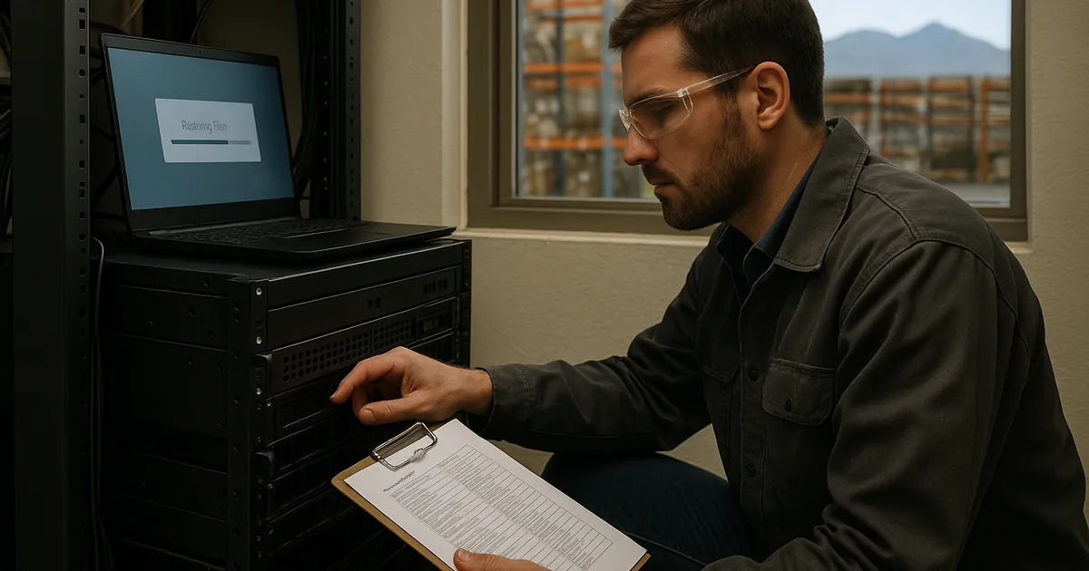 A technician validates backup hardware and a checklist during a resilience test to confirm restores will support production operations.