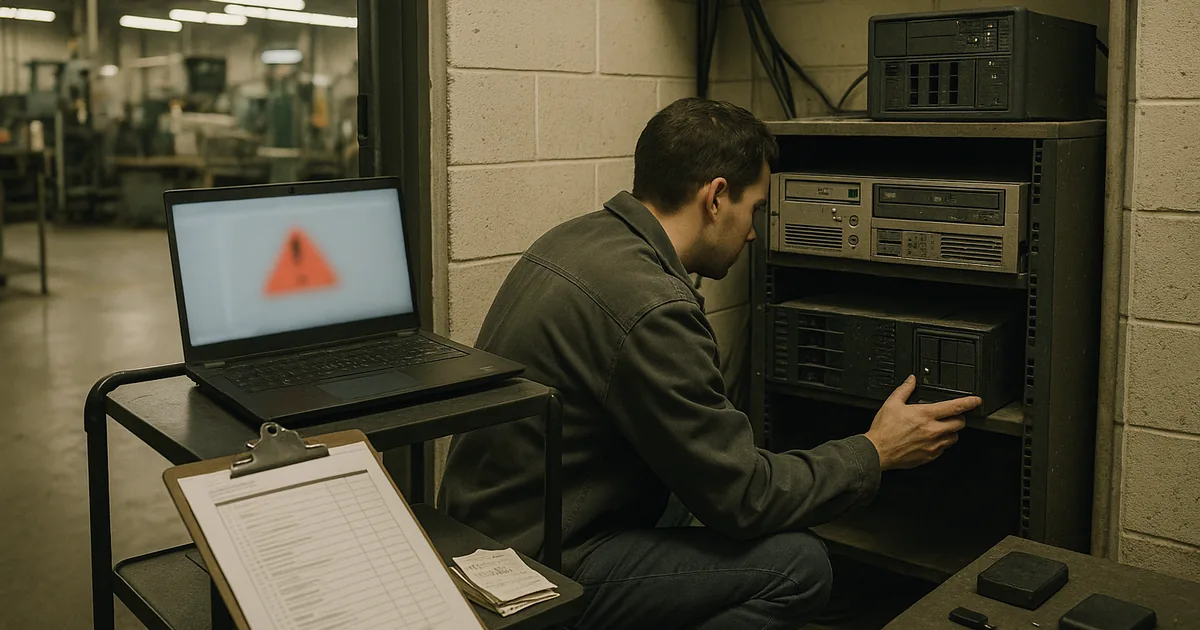 A field technician documents the outage and inspects aging server hardware to determine the scope of encrypted shared files.