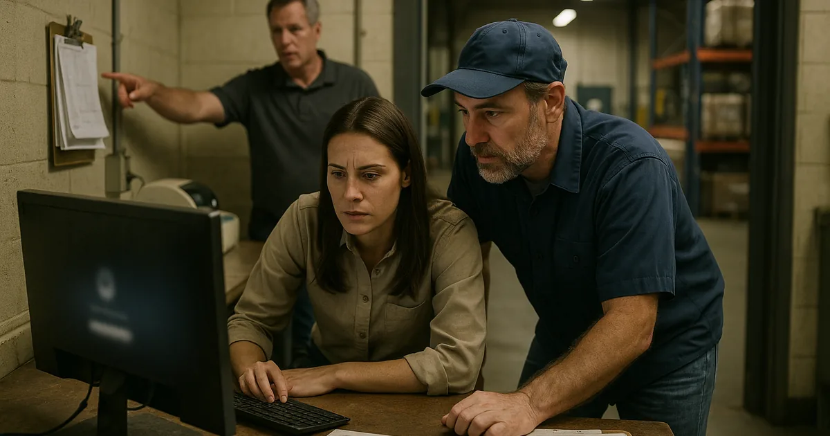 A real plant-side incident scene showing how locked workstations and inaccessible scheduling files interrupt manufacturing operations.