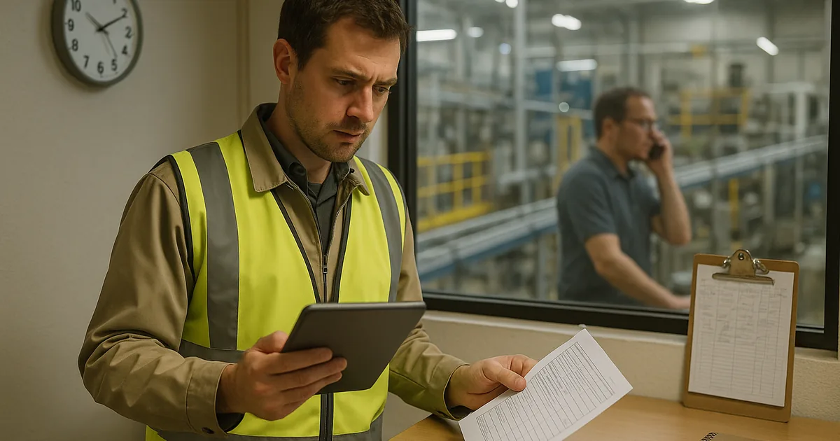A technician reviews incident notes at the plant office while production waits, illustrating the need for a single incident owner and clear escalation.