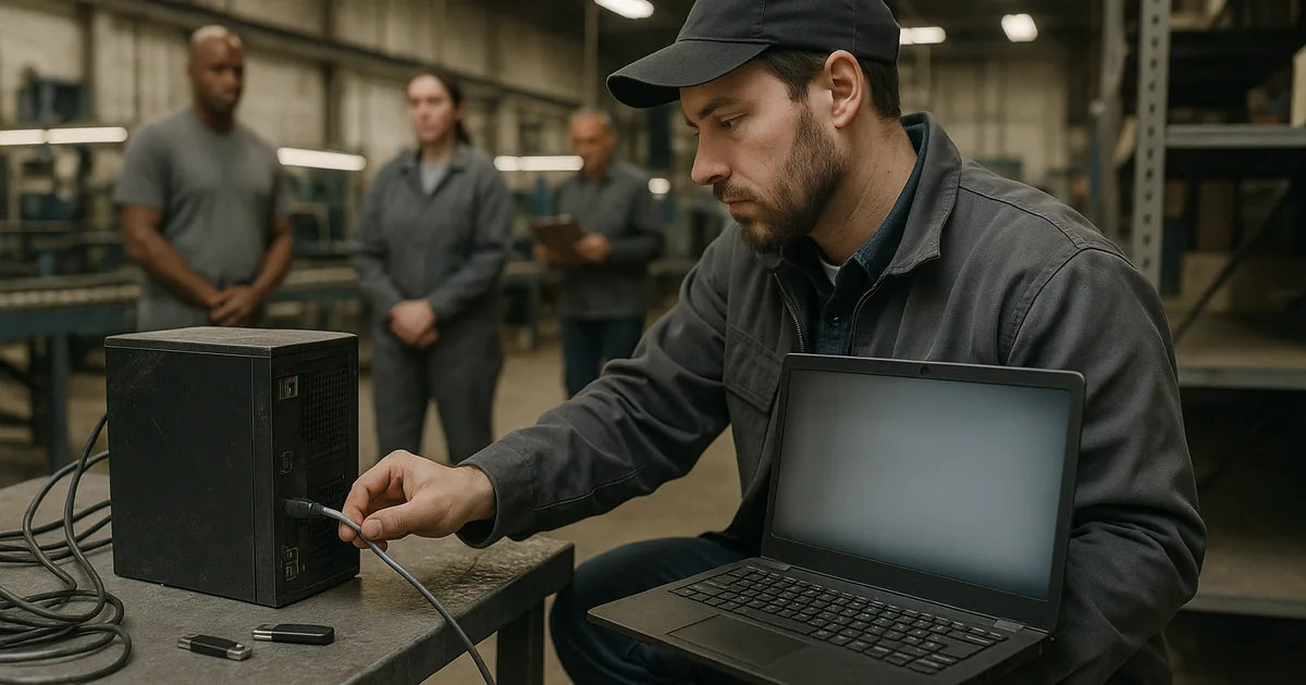 A technician isolates a workstation on the shop floor to contain encrypted files while production staff wait, showing the immediate operational impact.