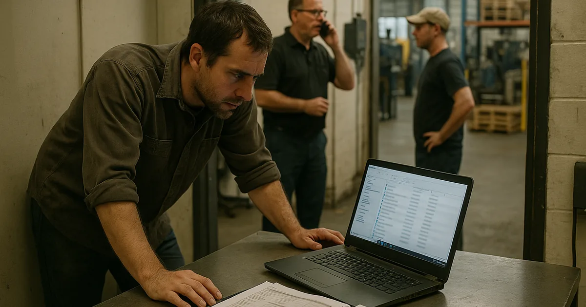 A plant operations coordinator reviews inaccessible shared files during an incident, showing how credential-based compromises surface in day-to-day workflows.