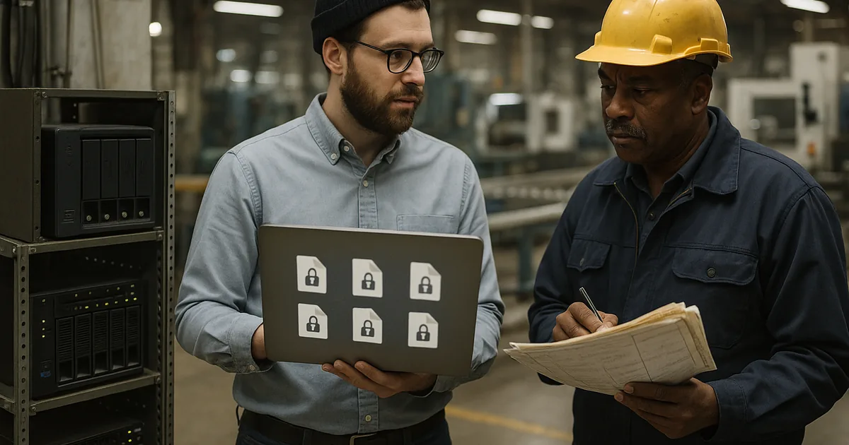An on-site review showing encrypted files and legacy storage that stopped production and triggered a recovery audit.