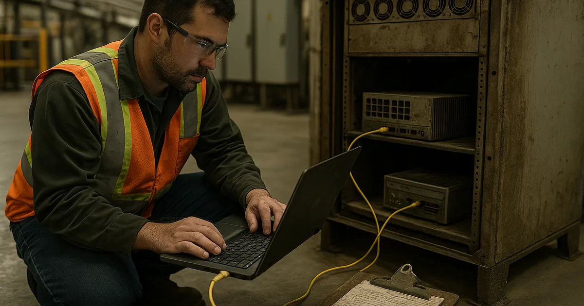 A field technician inspects an aging server stack on-site to begin containment and recovery after files were encrypted.