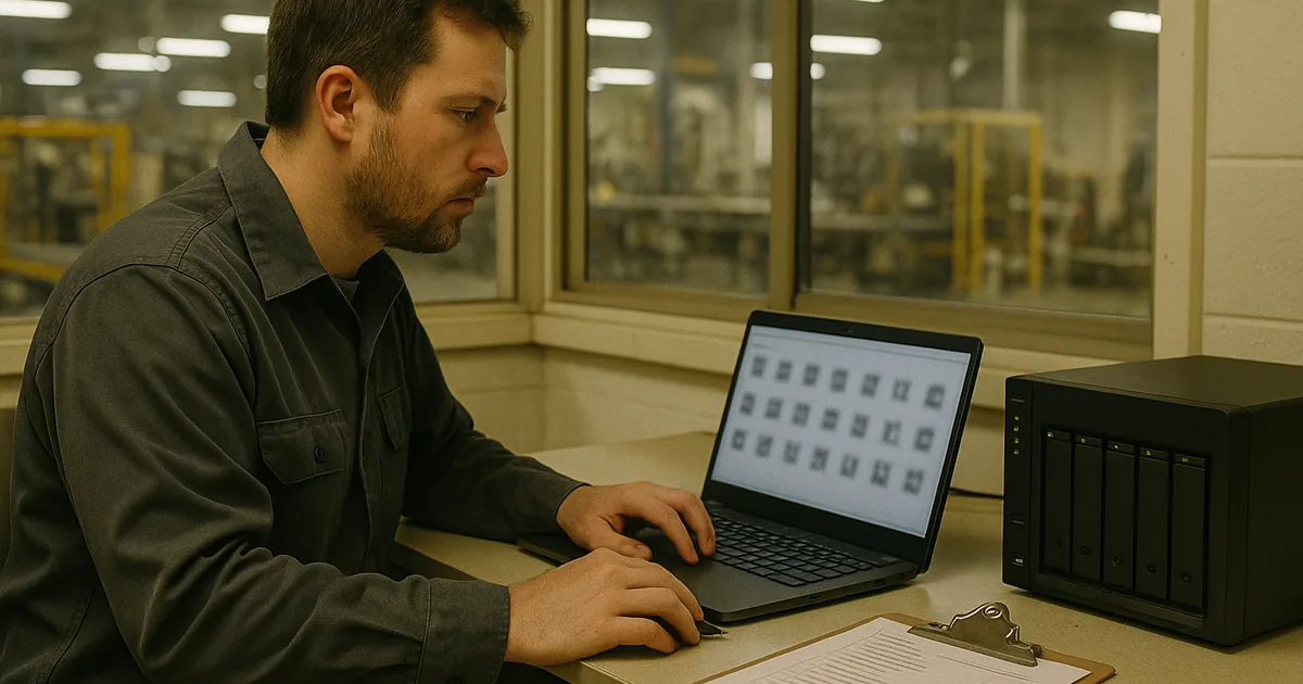 An on-site technician verifying affected systems and checking recovery steps to contain encrypted files before production restarts.