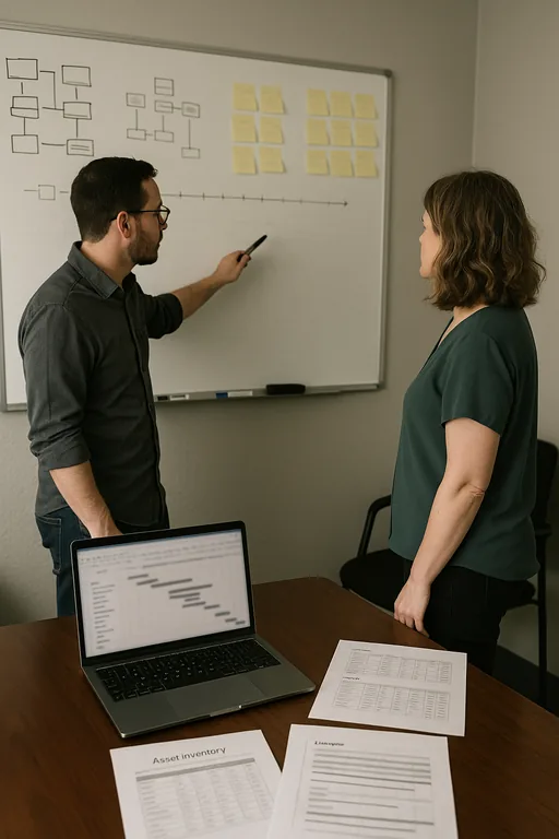 Consultant and office manager reviewing an IT roadmap and lifecycle timeline on a whiteboard in a small financial office.