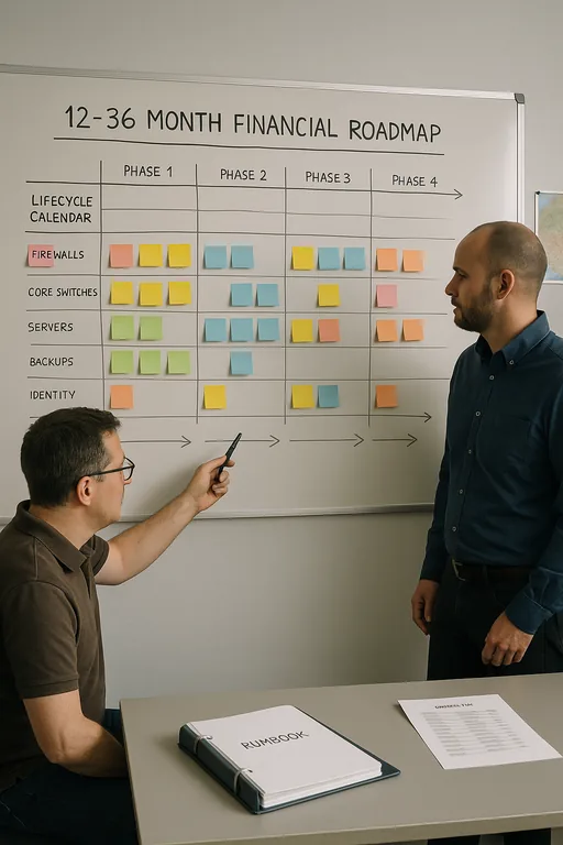 IT and operations staff reviewing a 12–36 month lifecycle roadmap on a board with sticky notes and phase markers, showing asset replacement planning.
