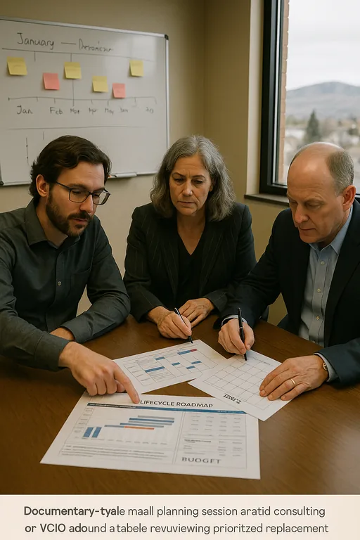 IT consultant and law firm leaders reviewing a 12–36 month lifecycle roadmap and budget during a planning session.