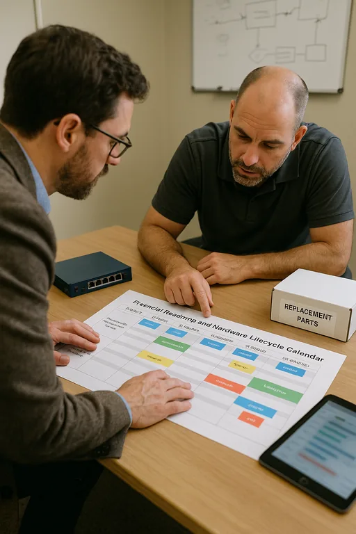 Consultant and logistics manager reviewing a printed 12–24 month IT financial roadmap and lifecycle calendar with replacement parts on the table.