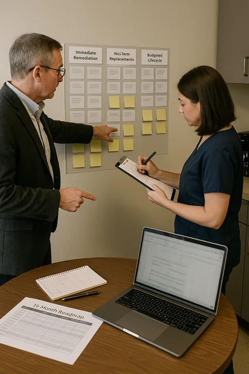 Consultant and office manager reviewing a three-column remediation and budgeting board with a 12-month roadmap on the table.