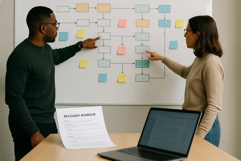 Team reviewing a whiteboard with a recovery runbook and dependency mapping, illustrating recovery sequencing and ownership.
