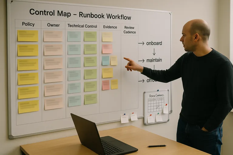 Wall-mounted control map and runbook workflow with color-coded cards and sticky notes showing policy owners, evidence columns, and exception slips.