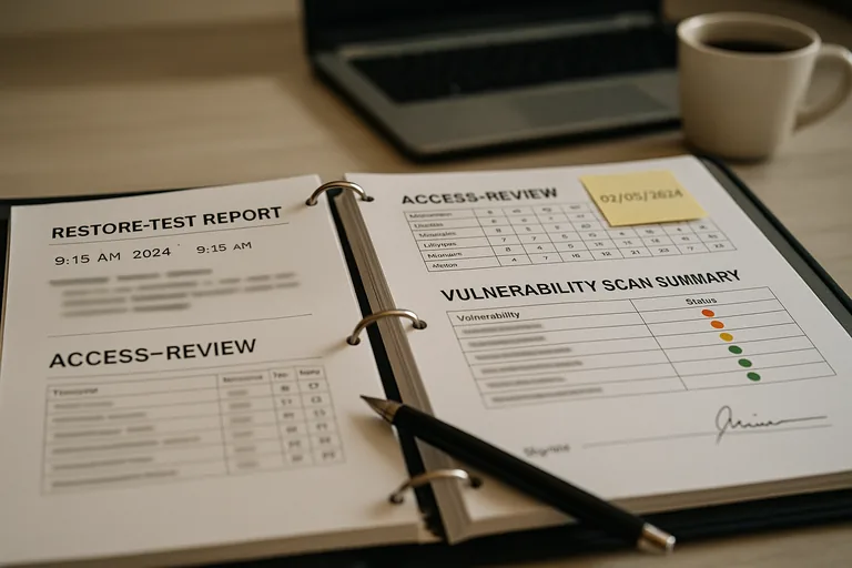 Open evidence binder with a restore-test report, access-review checklist, vulnerability summary, and handwritten initials.
