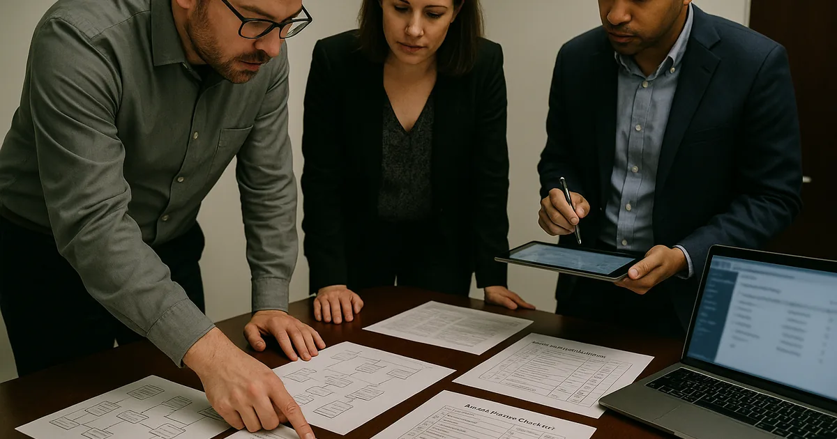 IT lead and compliance advisor reviewing printed control maps, access-review checklists, and exception logs during a pre-audit meeting.