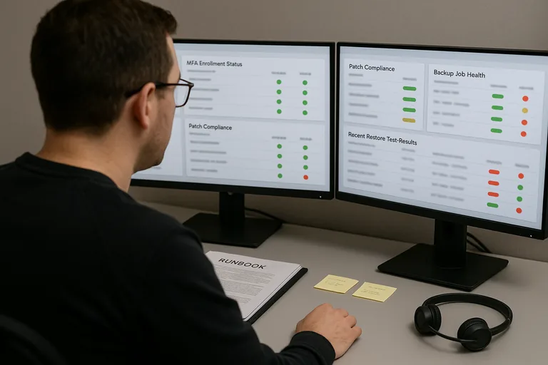 Administrator viewing a monitoring dashboard showing MFA, patch, and backup status with runbook nearby.