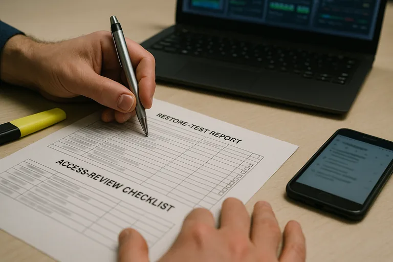 Close-up of a restore-test report and access-review checklist being annotated during an audit-style review.